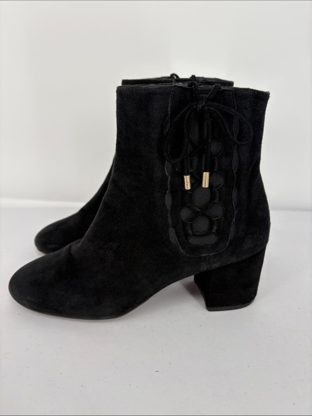 🌪️ Cole Haan Black Suede Ankle Boots with Decorative Lace & Gold Aglets